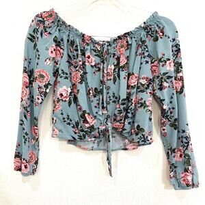 Jolt Dusty Blue w/ Pink Floral Print Off the Shoulder Tie Front Crop Top - XS